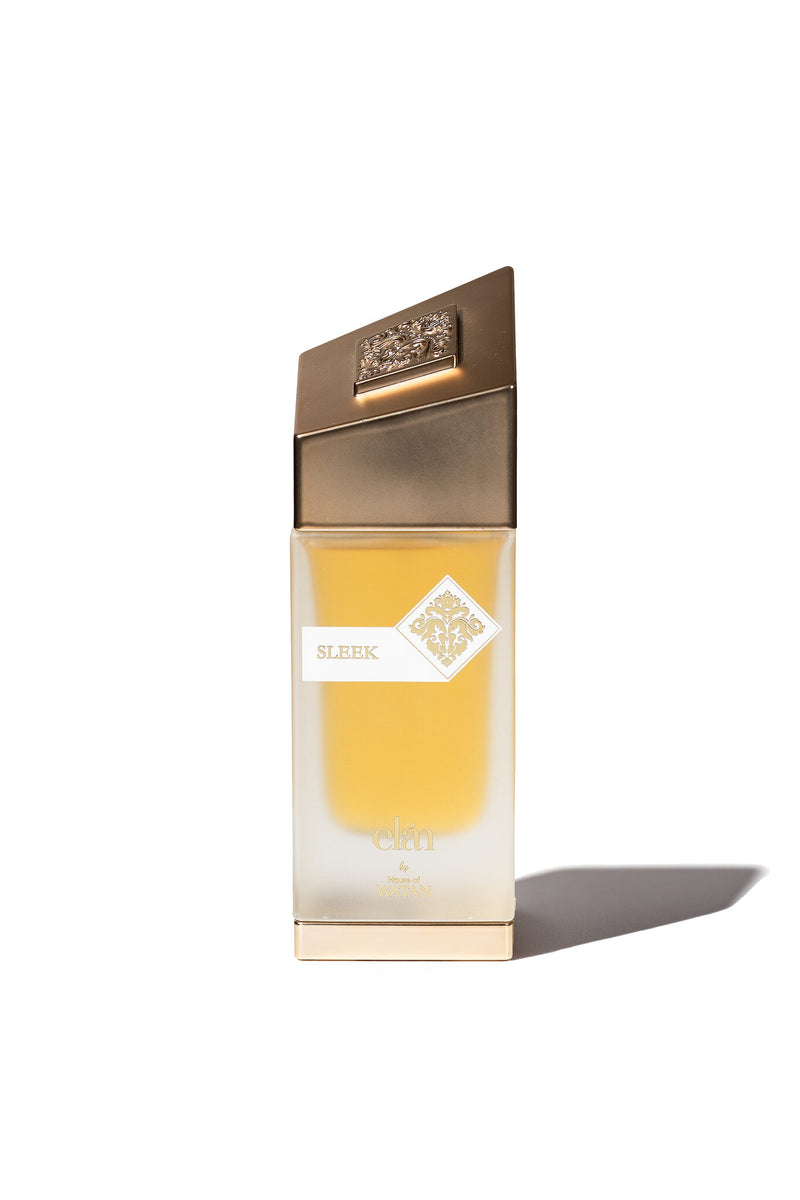 Sleek by House of Watan, 100ml gold Eau de Parfum bottle on white