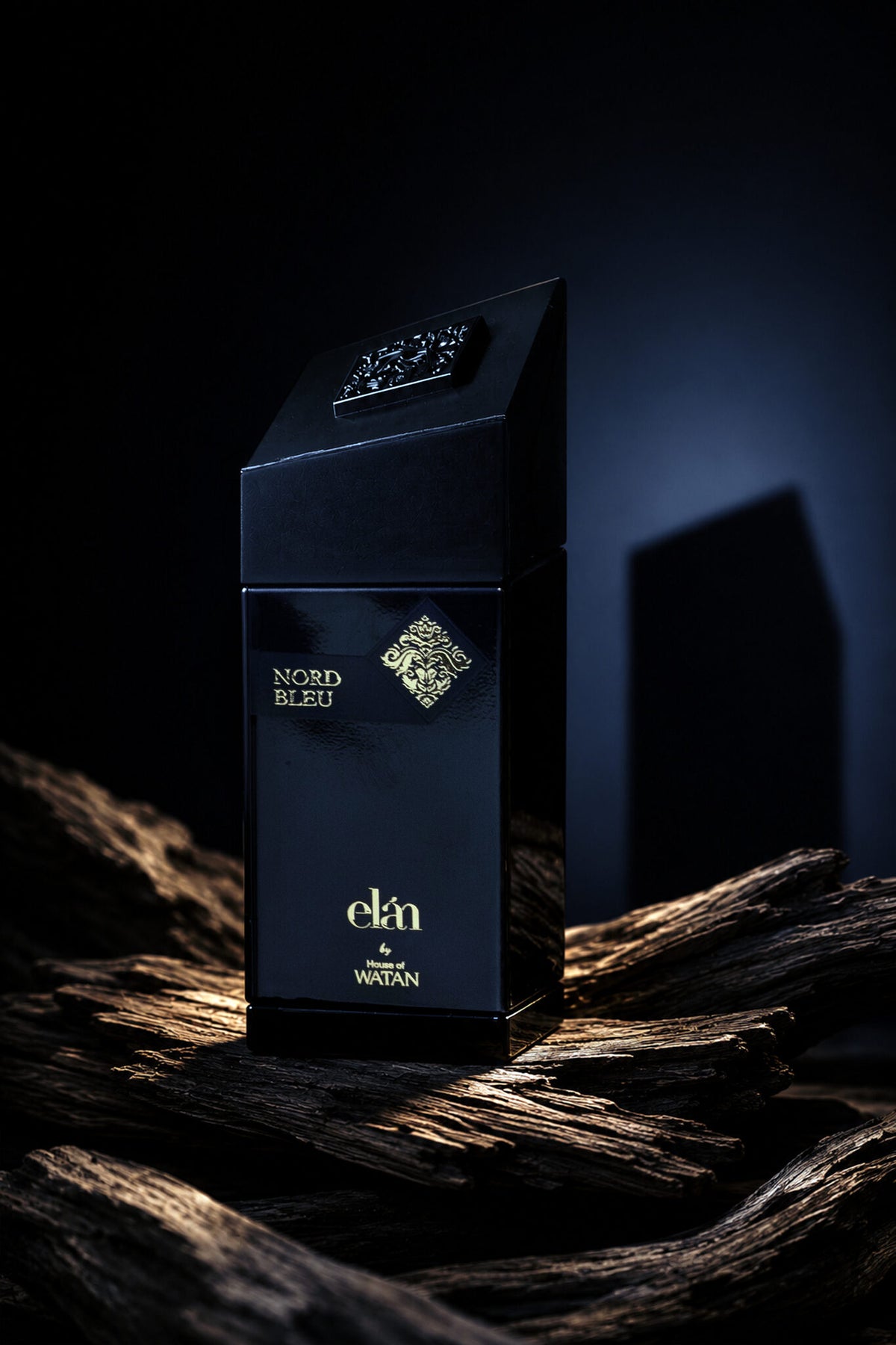 Nord Bleu 100ml bottle and box on driftwood, House of Watan Elan series