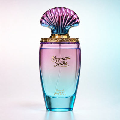 Oceanum Rare Eau de Parfum 100ml by House of Watan, pink-to-aqua gradient bottle with iridescent seashell cap