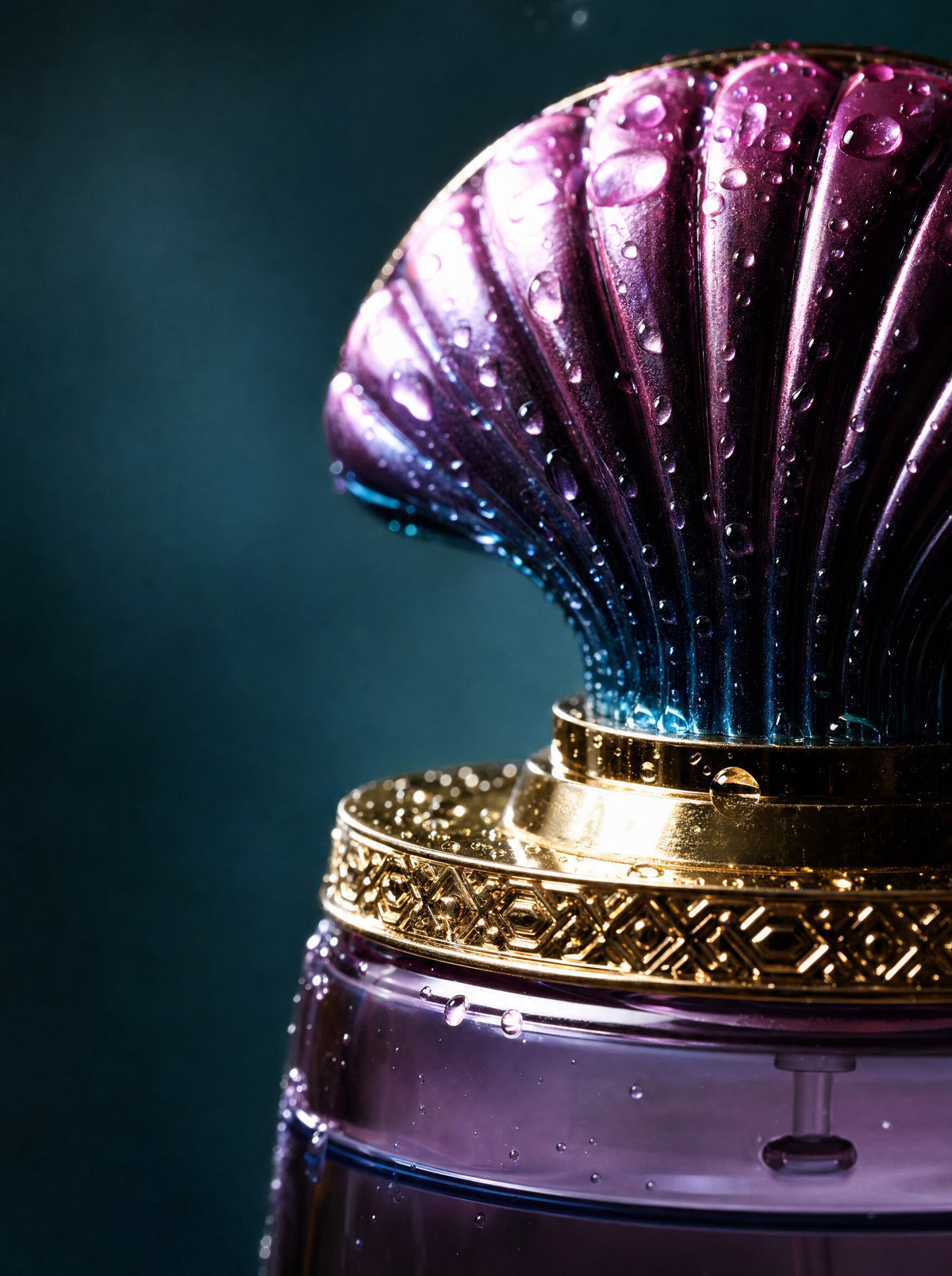 Close-up of the iridescent purple seashell cap and gold collar on the Oceanum Rare bottle