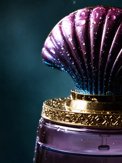Close-up of the iridescent purple seashell cap and gold collar on the Oceanum Rare bottle
