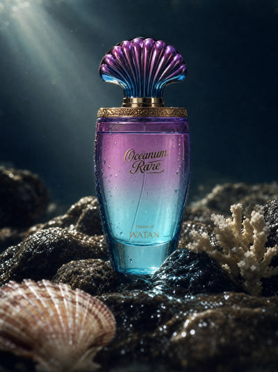 Oceanum Rare Eau de Parfum on dark reef rock with coral and seashells