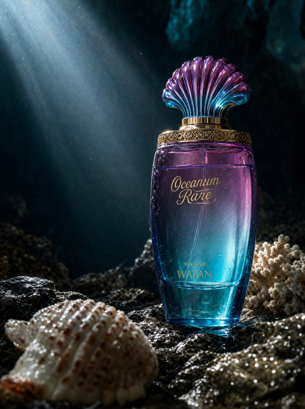 Oceanum Rare bottle on an ocean rock under shafts of underwater light