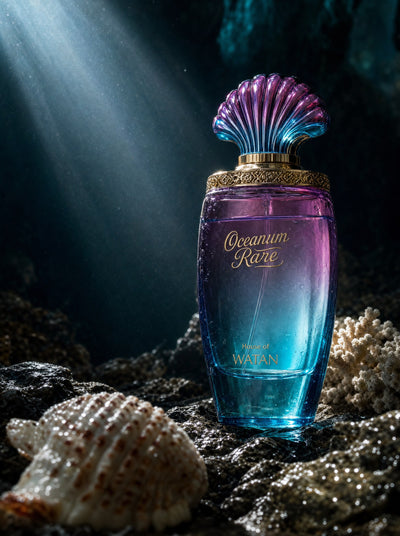 Oceanum Rare bottle on an ocean rock under shafts of underwater light