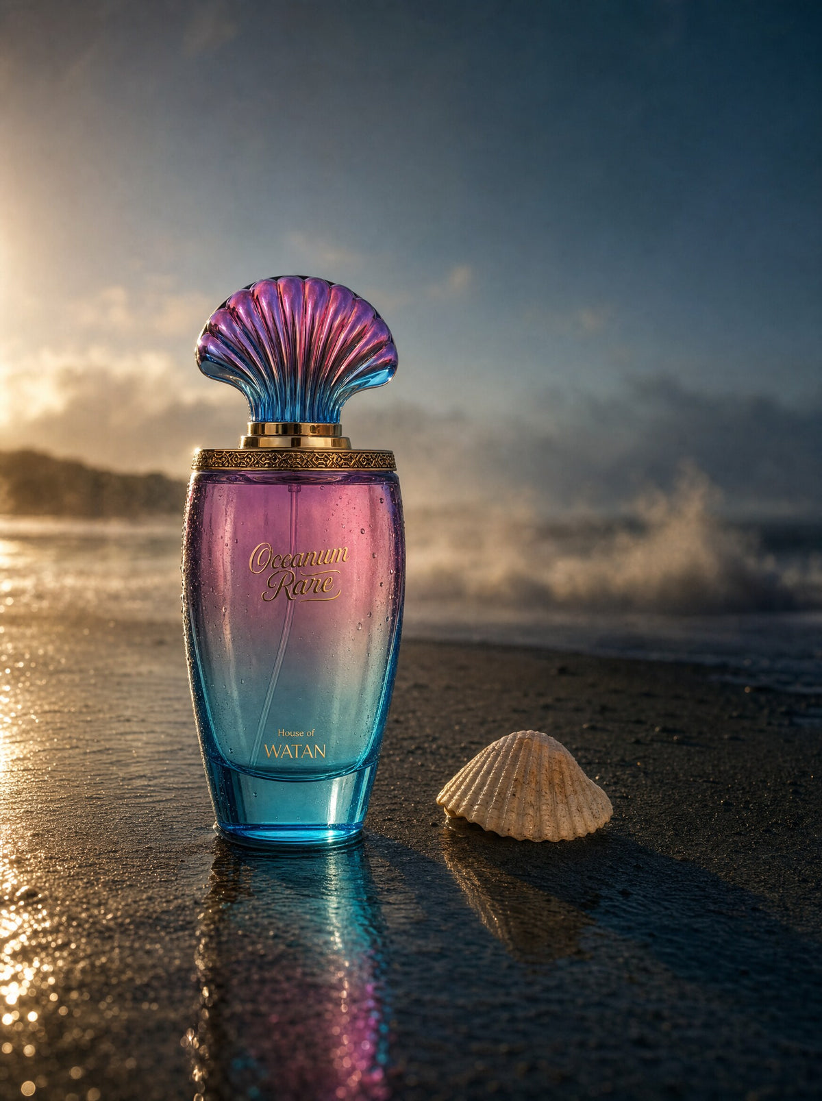 Oceanum Rare perfume standing on a wet shoreline at dusk with crashing waves