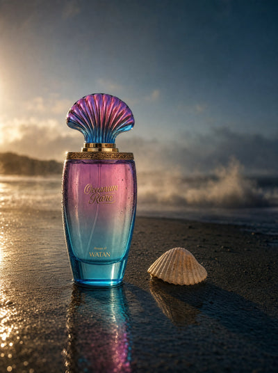 Oceanum Rare perfume standing on a wet shoreline at dusk with crashing waves