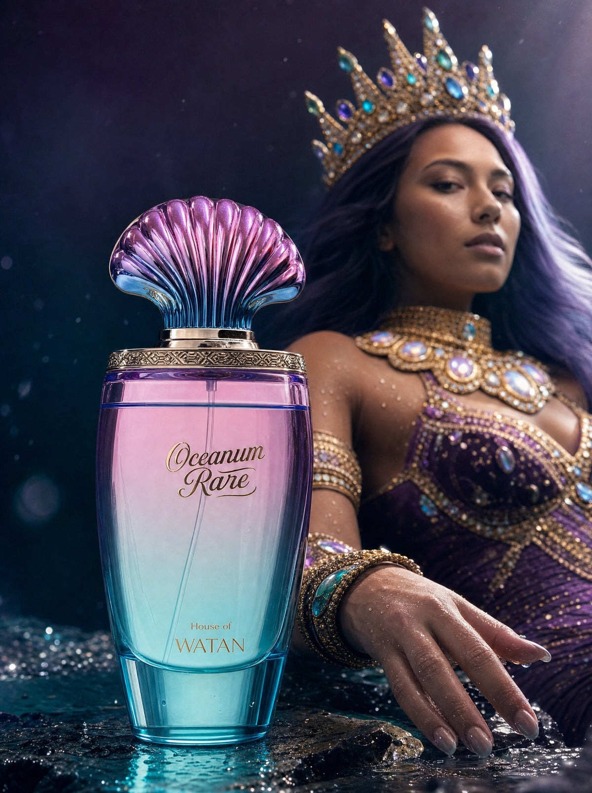 Oceanum Rare bottle beside a crowned sea queen in violet and gold