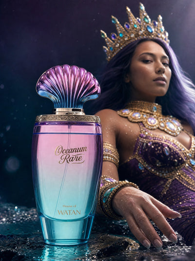 Oceanum Rare bottle beside a crowned sea queen in violet and gold